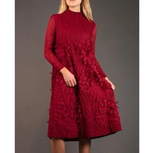 NWT QUEENIA Mock Neck Textured Midi Petal Dress - Red - Long Sleeves - Size L/XL
